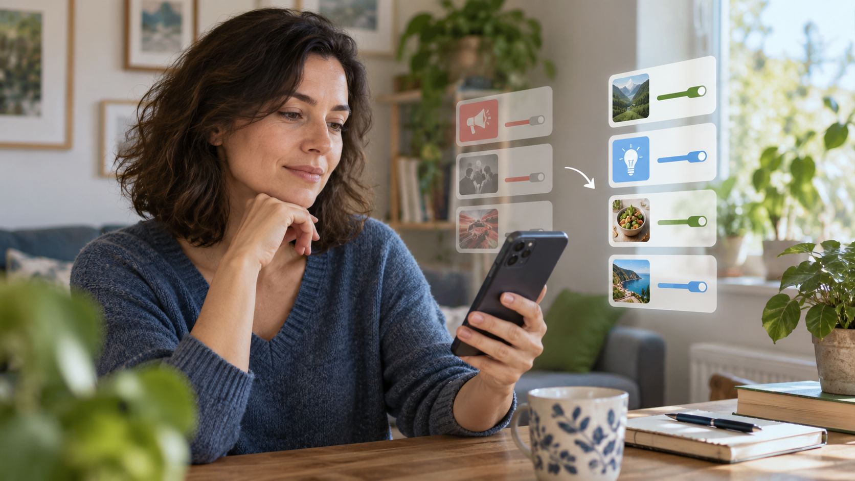 Une personne examine calmement les préférences de sujets d’un fil social sur un téléphone, représentées par des cartes et curseurs abstraits sans interface de marque.