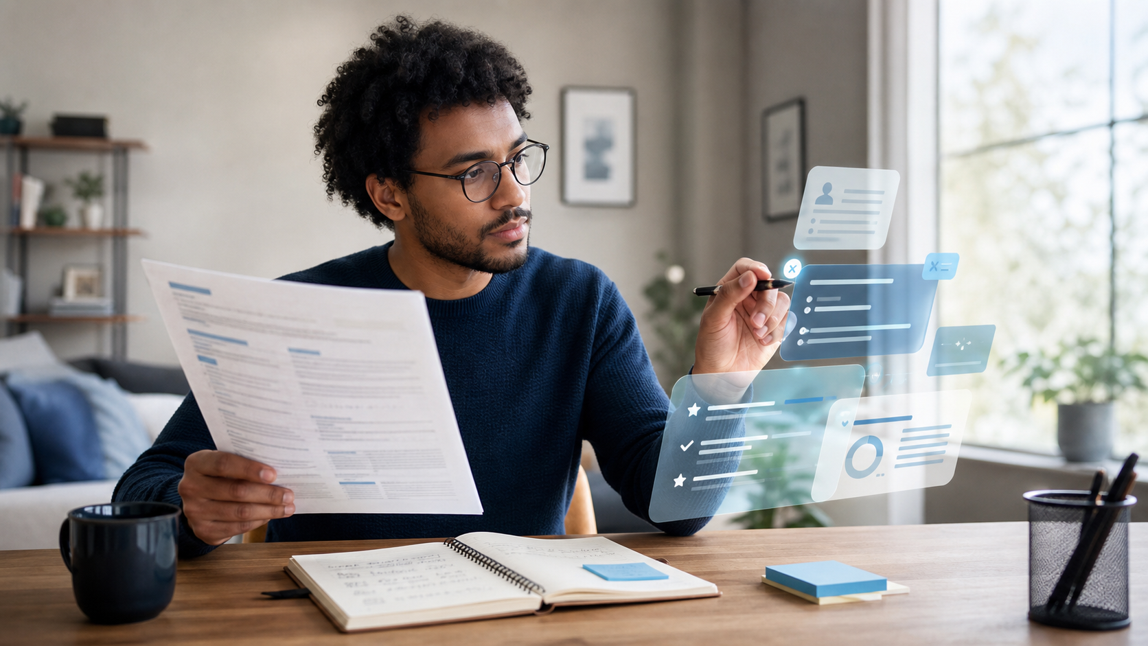 Candidat relisant et corrigeant les suggestions d’un assistant IA à partir de son CV et d’une offre d’emploi