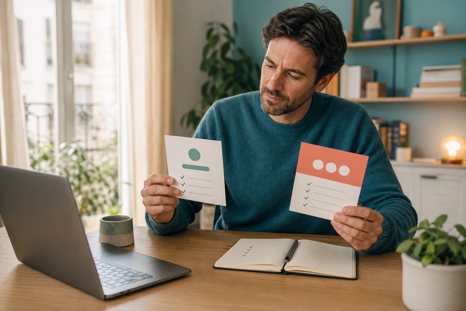 Un particulier compare calmement deux formules d’assistant IA à son bureau