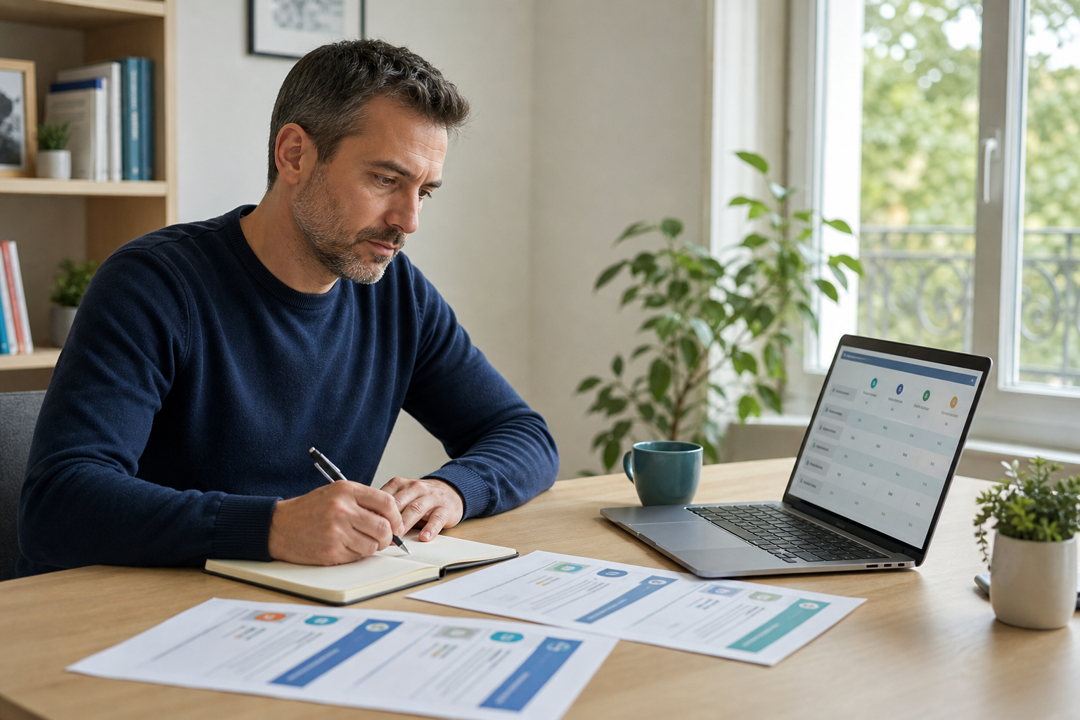 Professionnel comparant plusieurs programmes de formation avec une grille préparée par un assistant IA