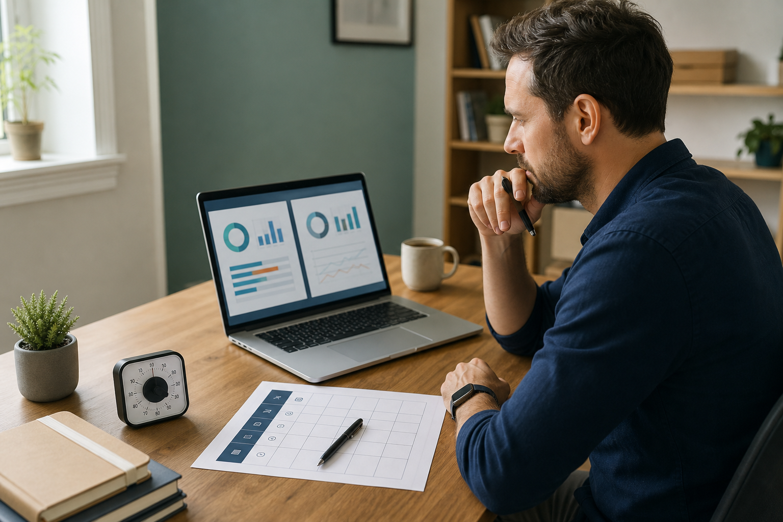 Indépendant évaluant un nouvel assistant IA avec une grille de comparaison abstraite et un chronomètre, sans donnée confidentielle