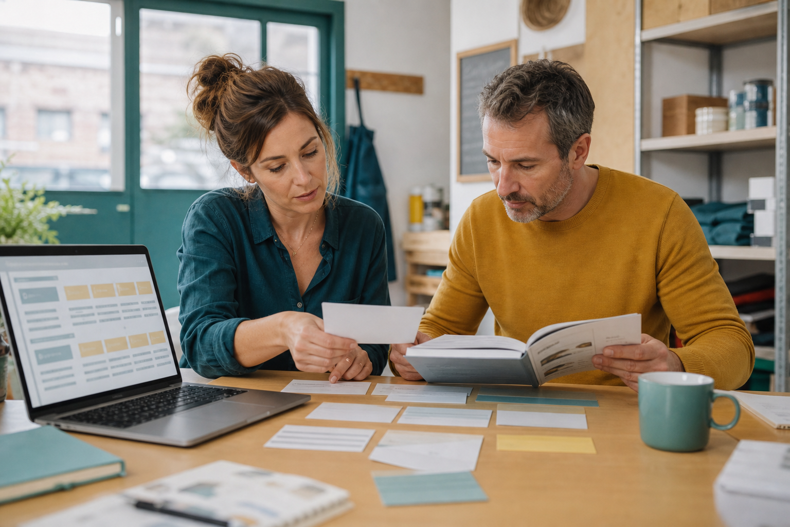 Deux professionnels de TPE vérifient une FAQ client préparée avec une IA à partir de leurs documents