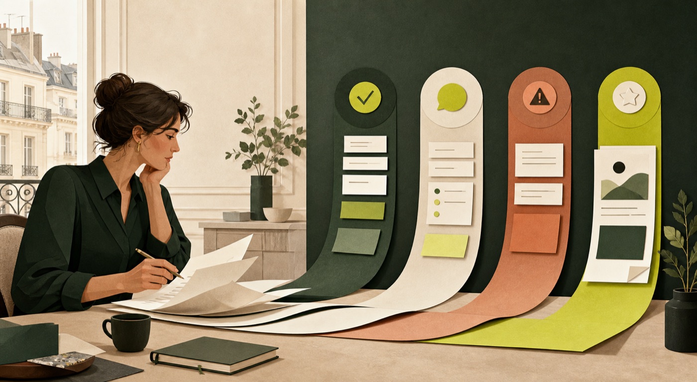 Entrepreneure analysant une demande de devis organisée en faits, questions, risques et proposition