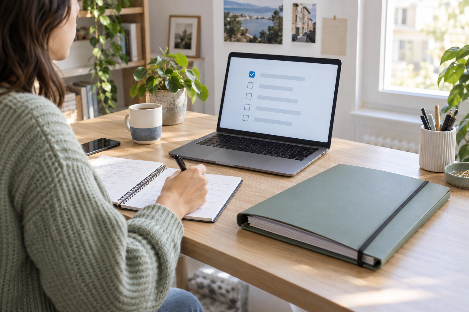 Une candidate prépare une checklist de location à son bureau, tandis que ses documents restent rangés dans un dossier fermé.