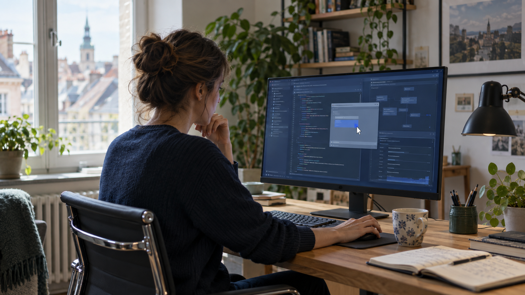 Une personne supervise un agent informatique dans un environnement de bureau générique, sans marque ni interface de produit identifiable