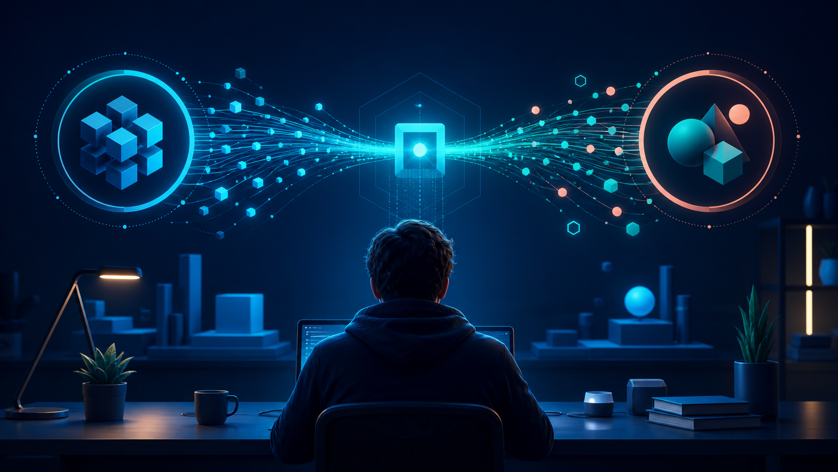 Développeur reliant un assistant de programmation à deux protocoles API compatibles par une passerelle neutre