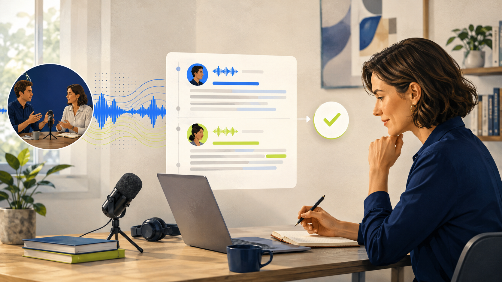Professionnelle vérifiant une transcription de réunion avec deux intervenants, des formes d’onde et une étape de validation humaine