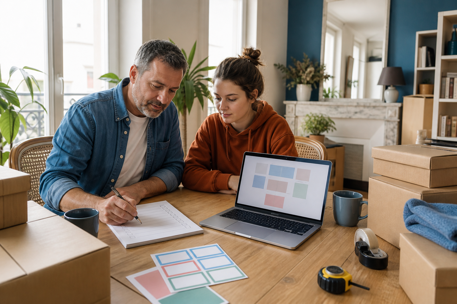 Famille préparant des cartons et une checklist de déménagement avec un ordinateur utilisé comme aide à l’organisation
