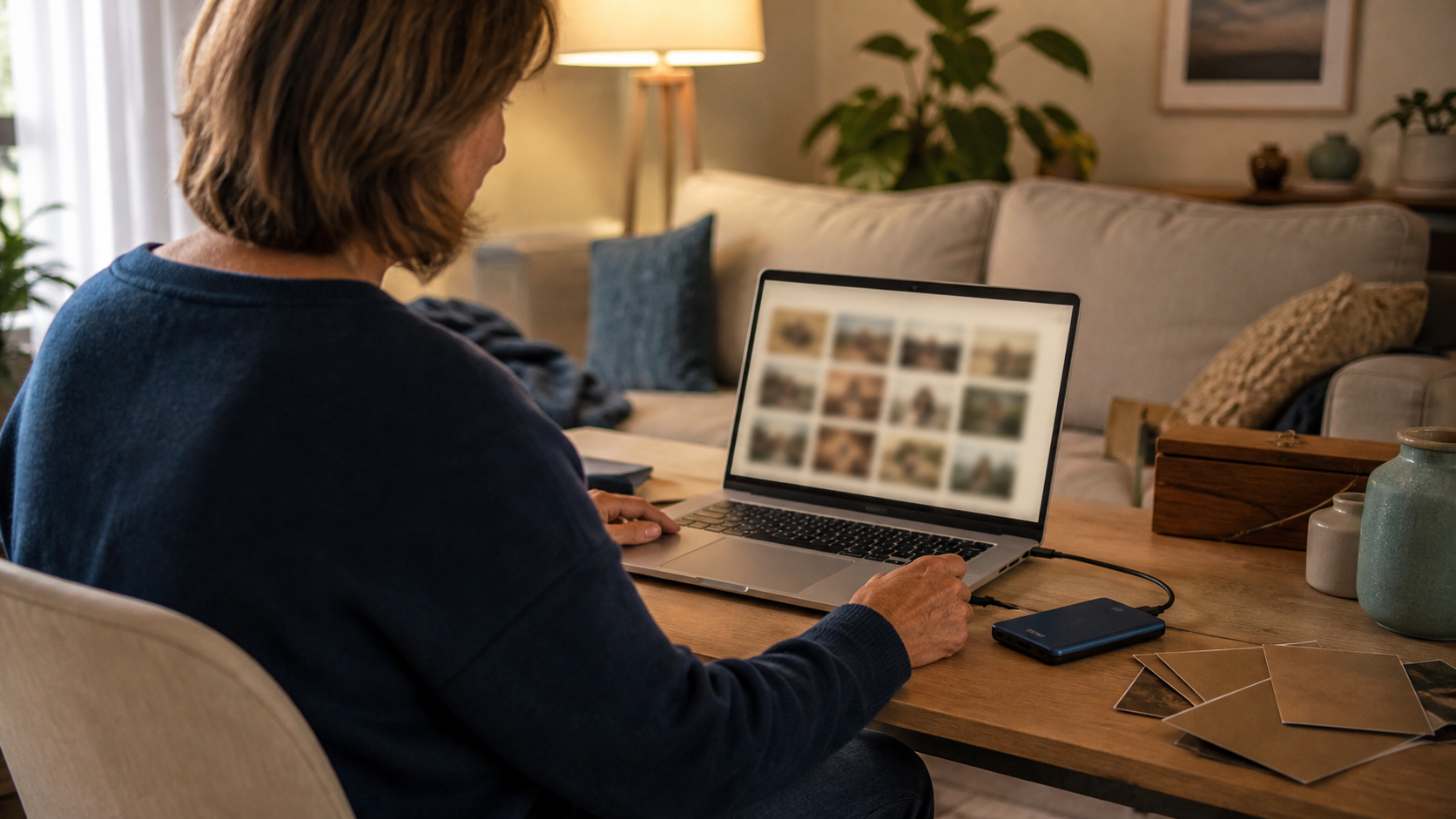 Adulte organisant une photothèque familiale sur un ordinateur relié à un disque externe, sans afficher de visages identifiables