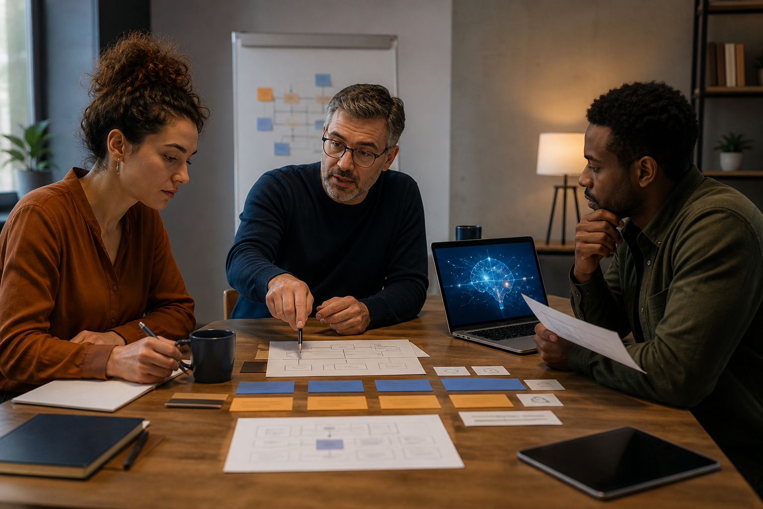 Une petite équipe prépare calmement un exercice de communication de crise avec des cartes et un assistant IA