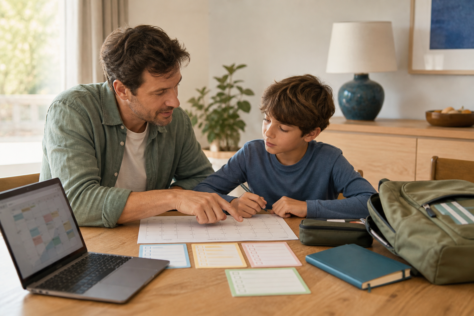 Parent et enfant préparant ensemble un calendrier de rentrée avec un ordinateur utilisé comme aide à l’organisation