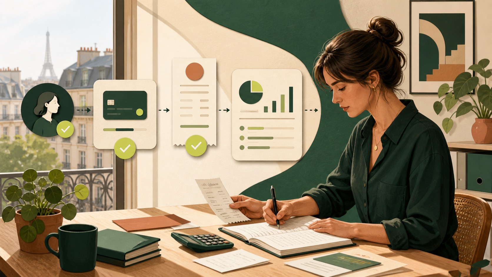 Micro-entrepreneure rapprochant un paiement en ligne, une facture et son livre des recettes