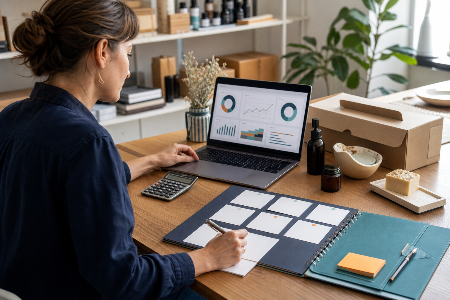 Dirigeante de petite entreprise construisant un tableau de bord à sept indicateurs à partir de données agrégées et anonymisées