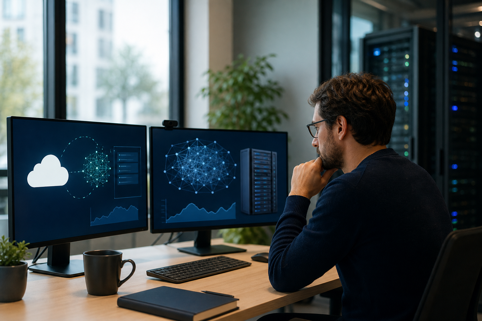 Développeur comparant un accès cloud à un grand modèle IA et une infrastructure locale exigeante