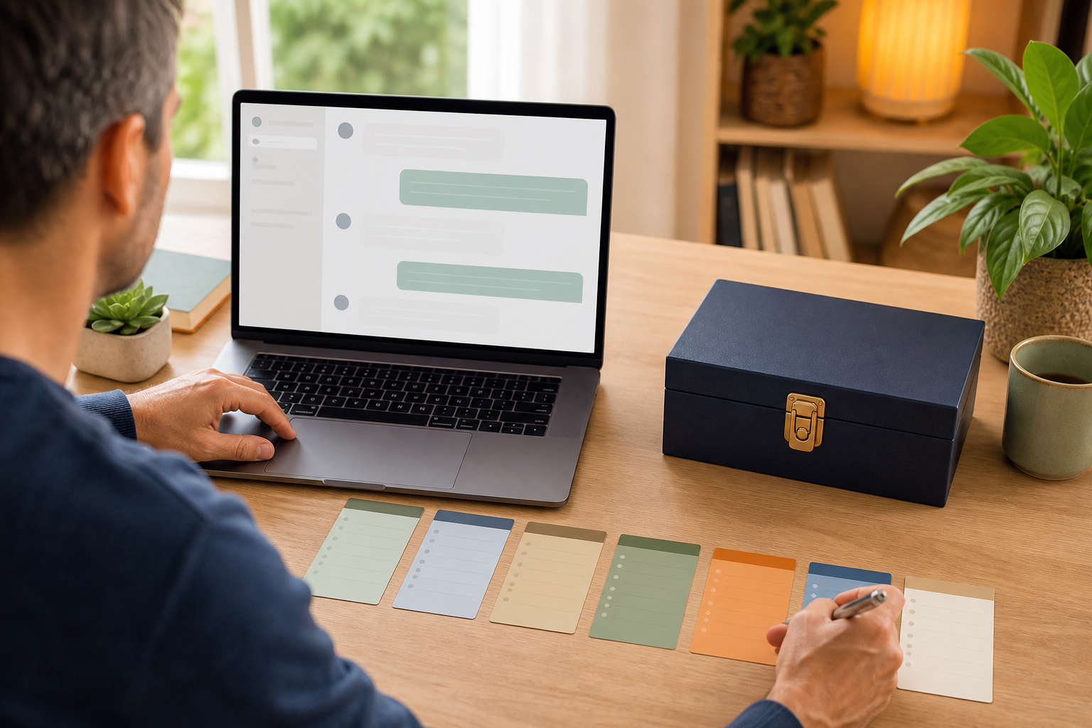 Personne testant un assistant IA à domicile avec sept cartes de test abstraites et une boîte fermée séparant ses documents personnels
