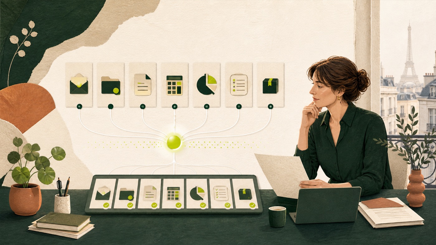 Entrepreneure supervisant sept tâches professionnelles assistées par intelligence artificielle