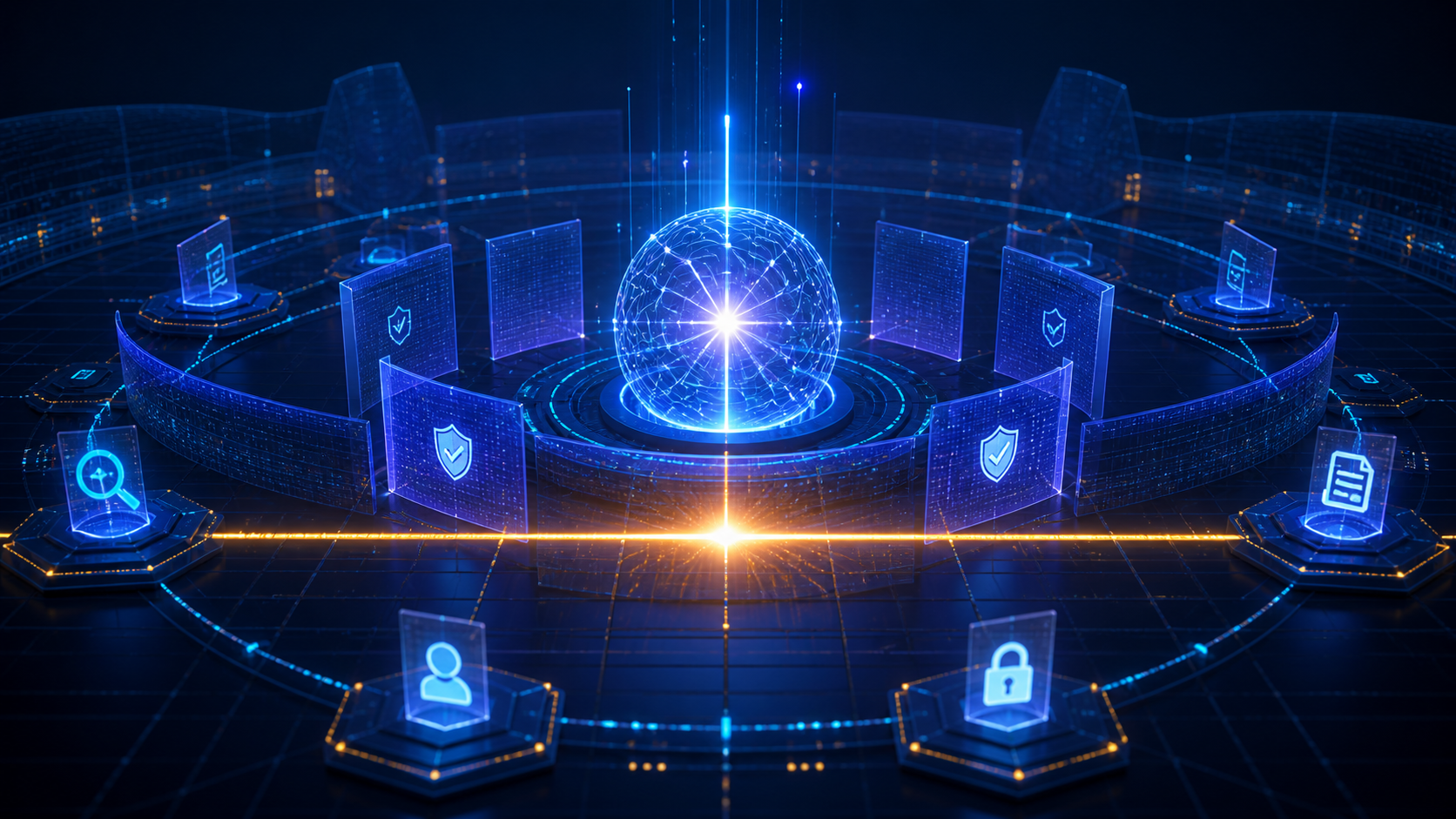 Cœur d’intelligence artificielle franchissant un seuil lumineux au centre de plusieurs couches de protection et de contrôle cyber
