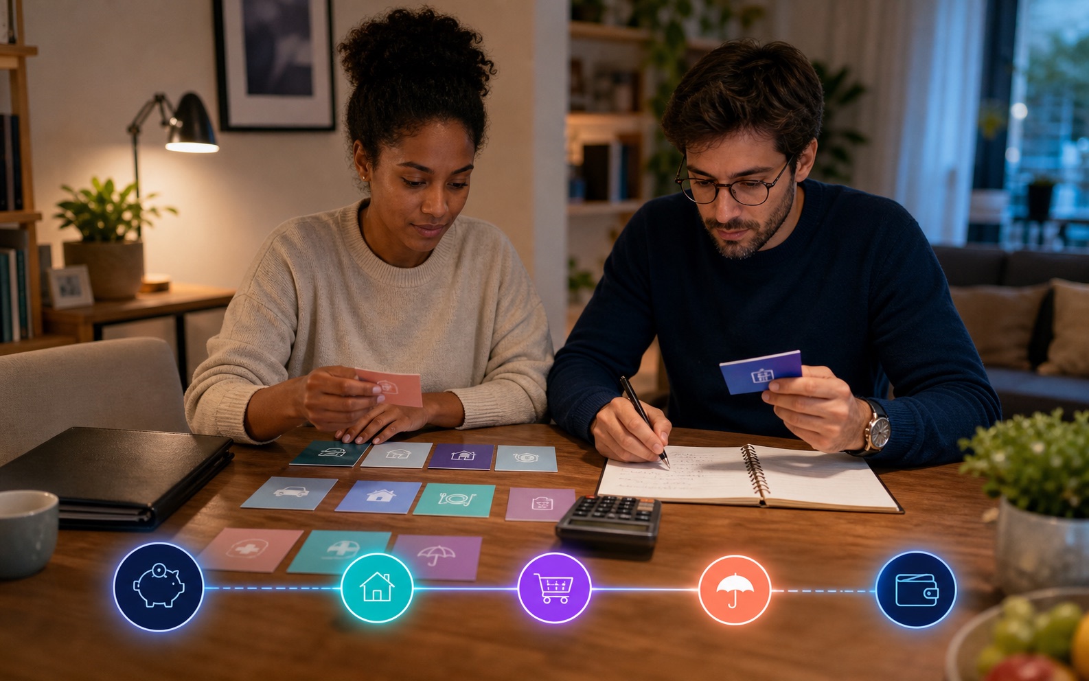 Couple organisant un budget familial par catégories anonymes tandis que les relevés bancaires restent protégés