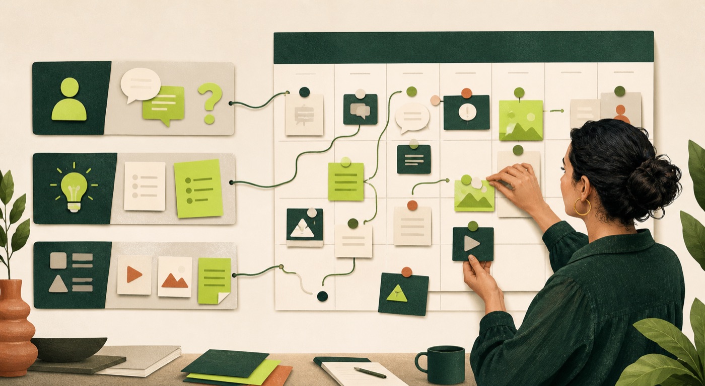 Professionnelle organisant un calendrier éditorial assisté par intelligence artificielle