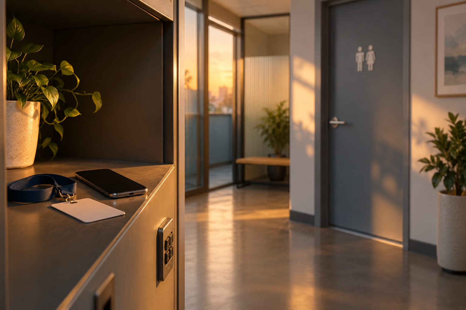 Téléphone et badge professionnel posés sur une étagère à l’extérieur d’un espace de toilettes, illustrant une limite de vie privée au travail