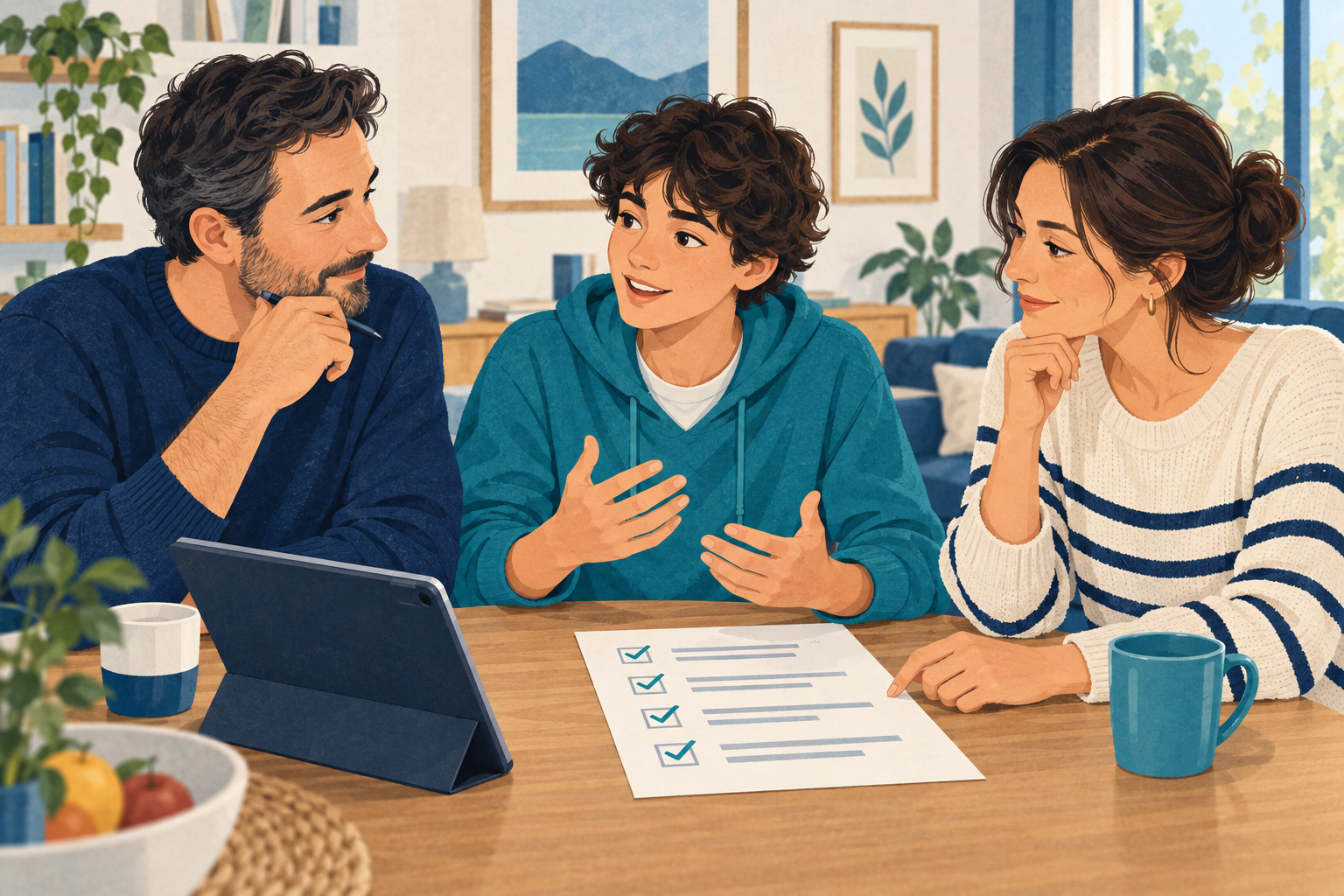 Illustration conceptuelle de parents et d’un adolescent discutant d’une checklist près d’une tablette