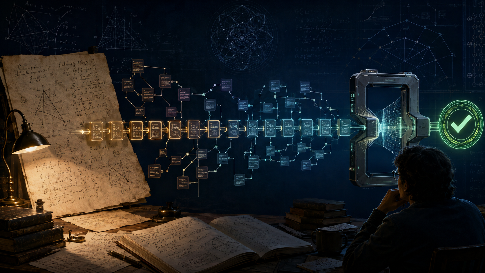 Une longue chaîne de blocs de preuve relie un manuscrit mathématique à un système de vérification, sous le regard d’un chercheur