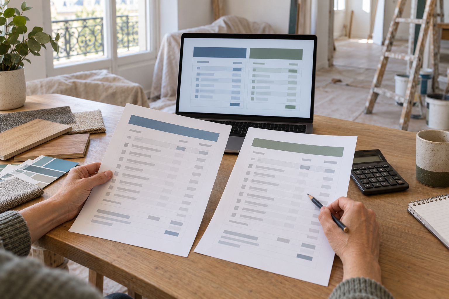 Une personne compare deux devis de rénovation anonymisés sur une table, avec un ordinateur affichant une grille de comparaison sans texte lisible.