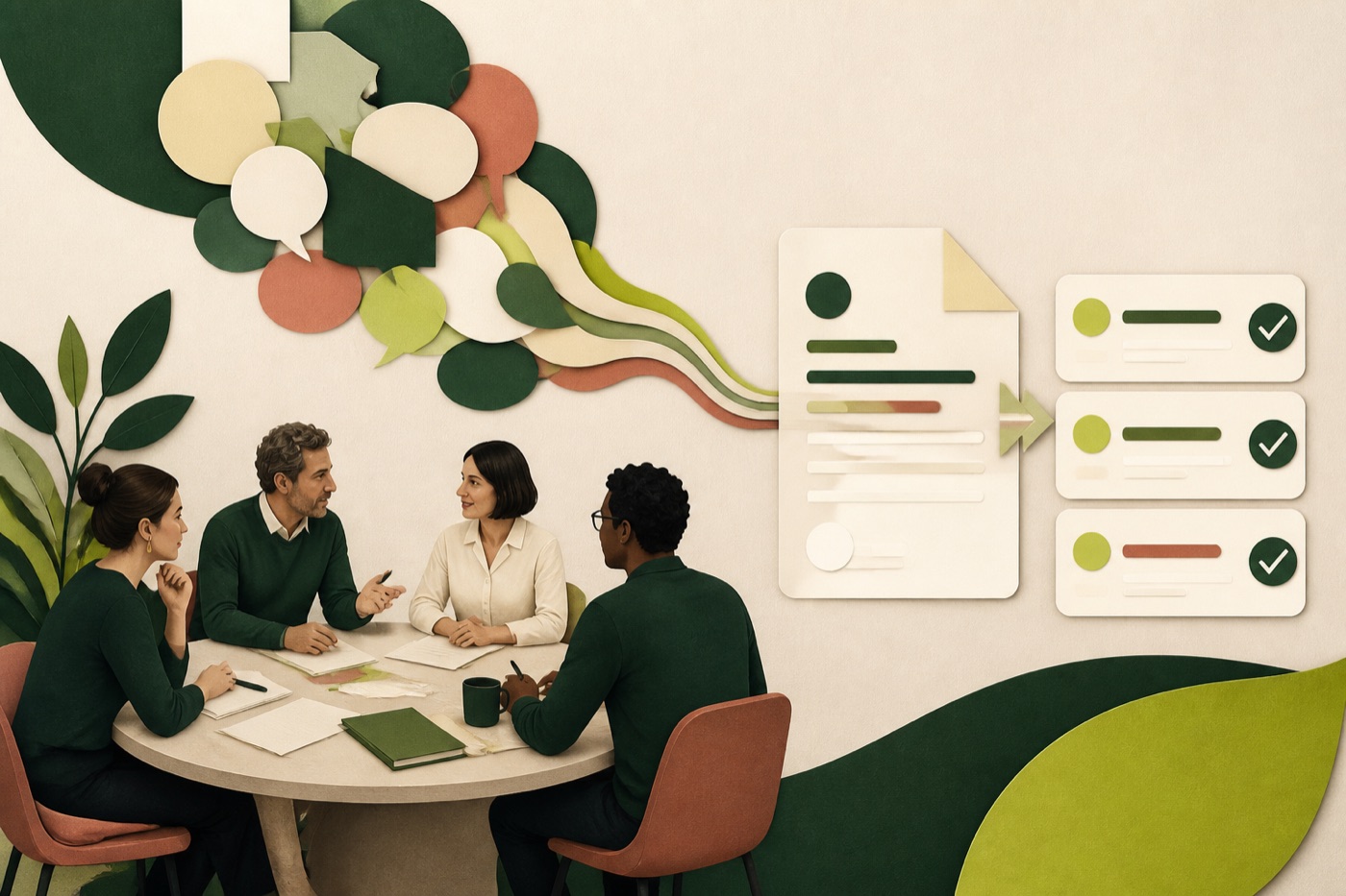 Équipe transformant une discussion en compte rendu et actions validées