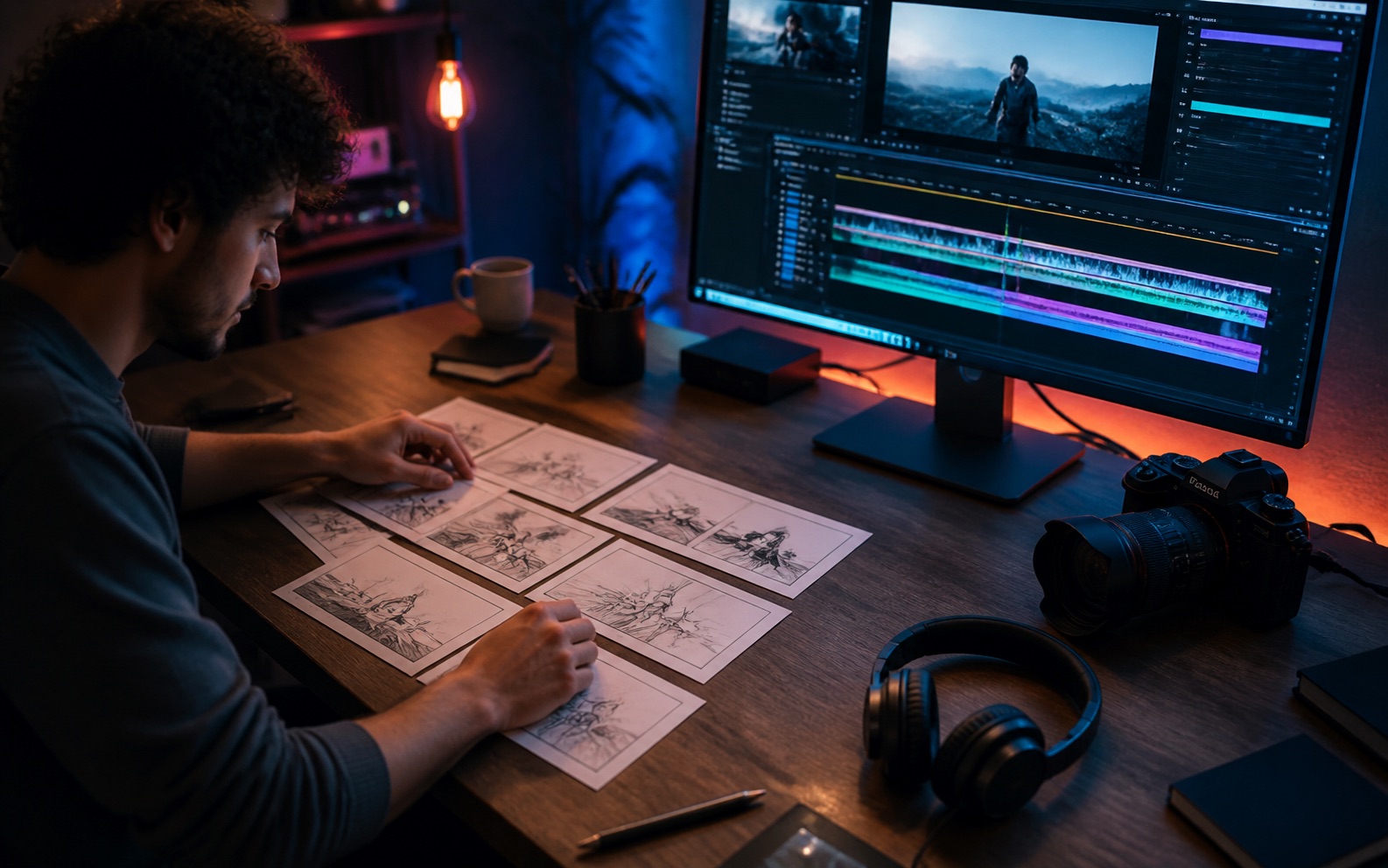 Créateur organisant storyboard, plans générés, voix et sous-titres d’une vidéo IA