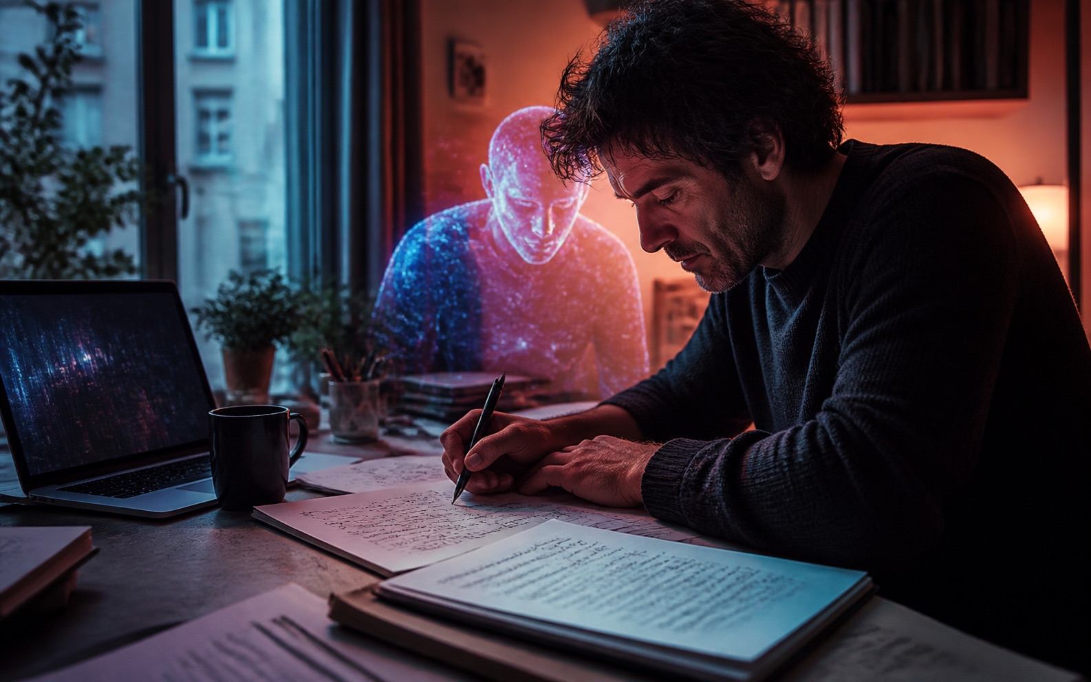 Auteur révisant un brouillon personnel enrichi par des questions d’une IA