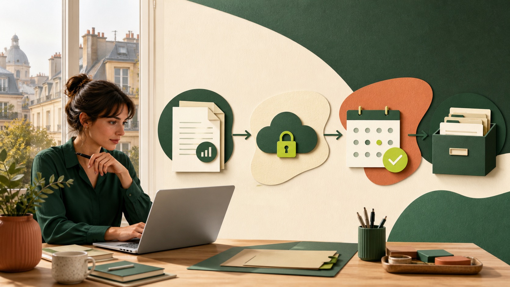 Micro-entrepreneure préparant un circuit de facturation électronique avec plateforme sécurisée, calendrier et archives