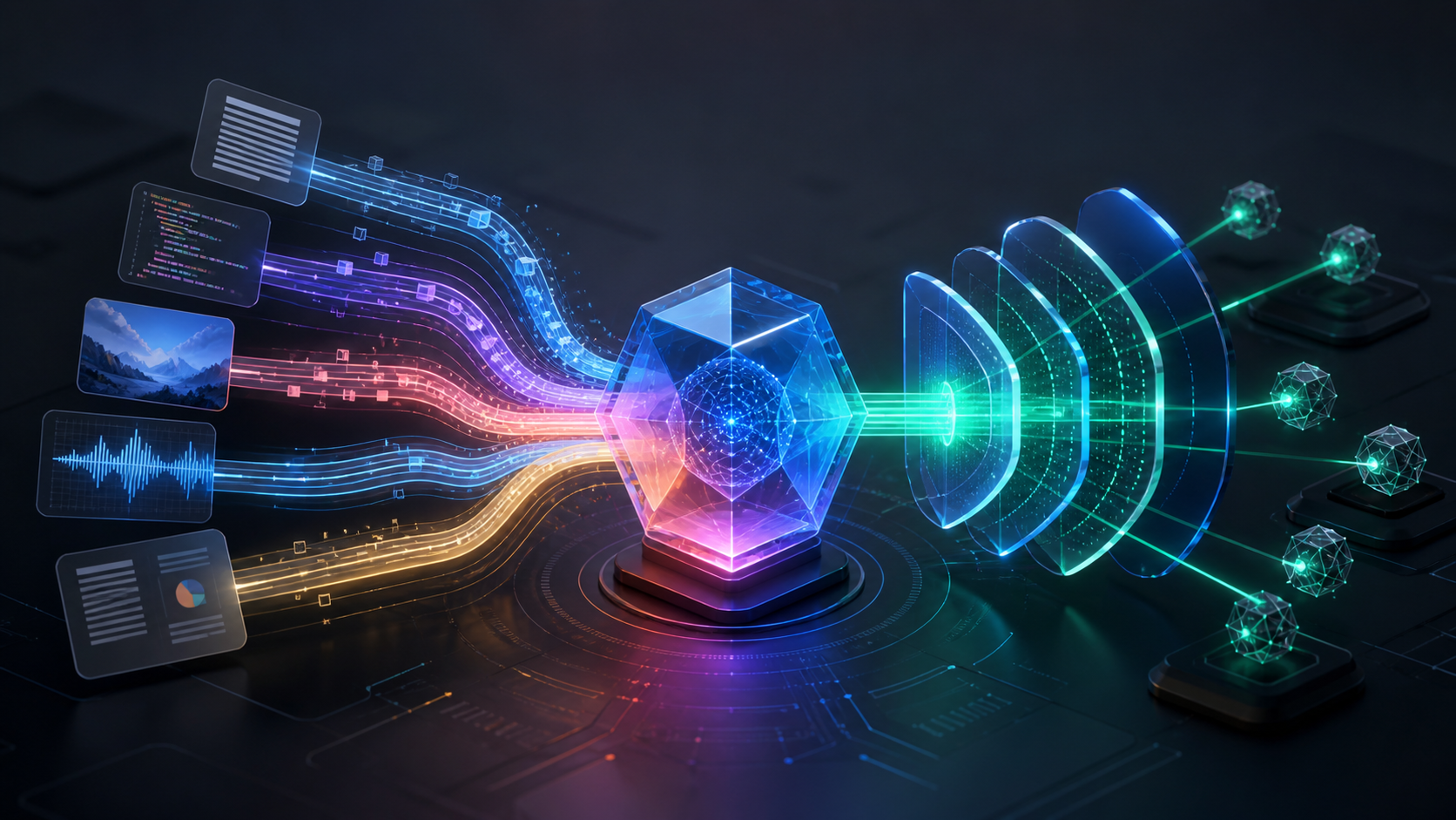Cœur d’intelligence artificielle multimodal relié à un flux de code et à une zone cyber protégée dans un espace de travail sombre