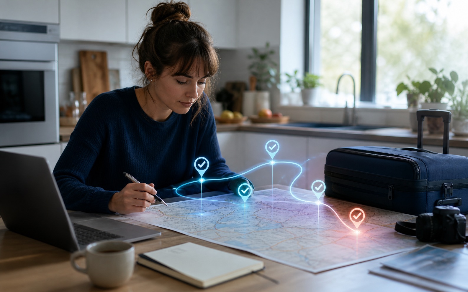 Voyageuse vérifiant sur une carte et des sources officielles un itinéraire proposé par une intelligence artificielle