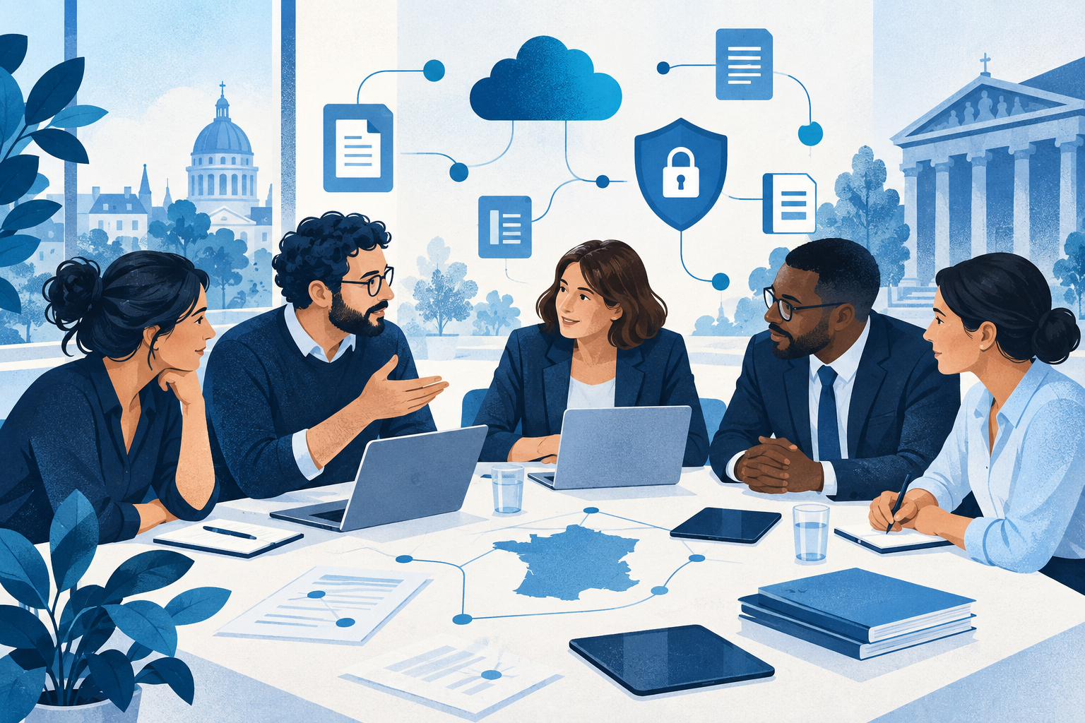 Illustration conceptuelle d’une petite équipe numérique et d’interlocuteurs publics examinant des outils interopérables et leur sécurité