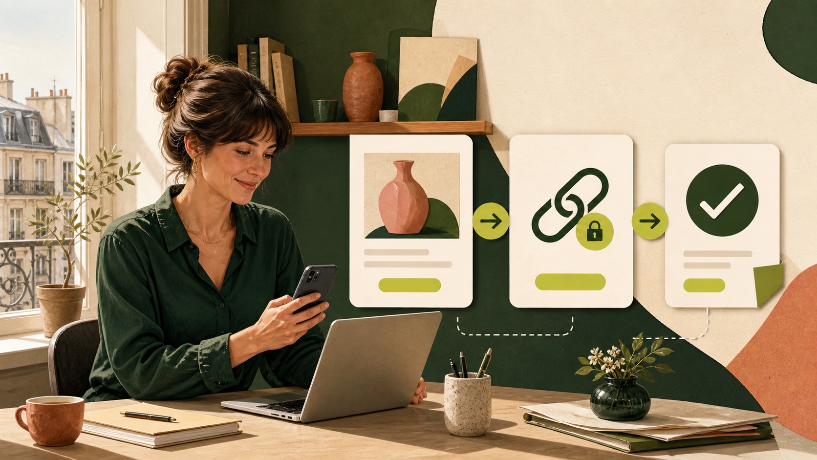 Micro-entrepreneure créant un parcours simple entre une offre, un lien de paiement sécurisé et une confirmation