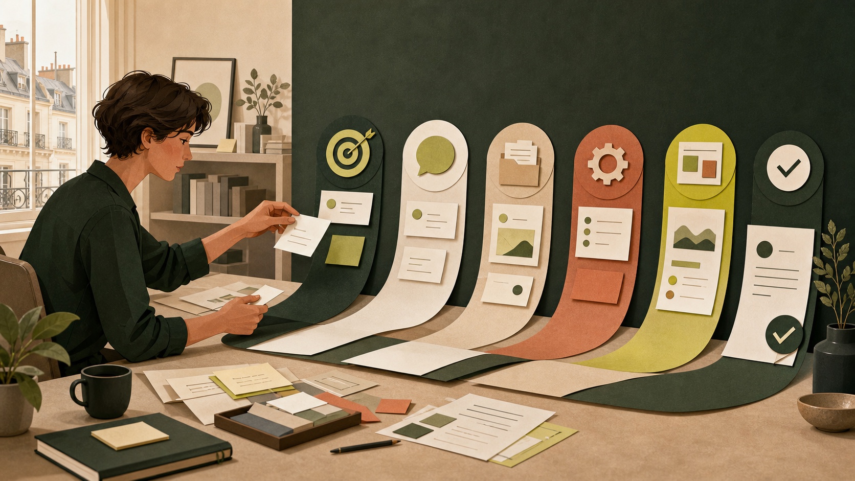 Entrepreneure assemblant les six blocs d’un prompt IA professionnel dans un atelier éditorial