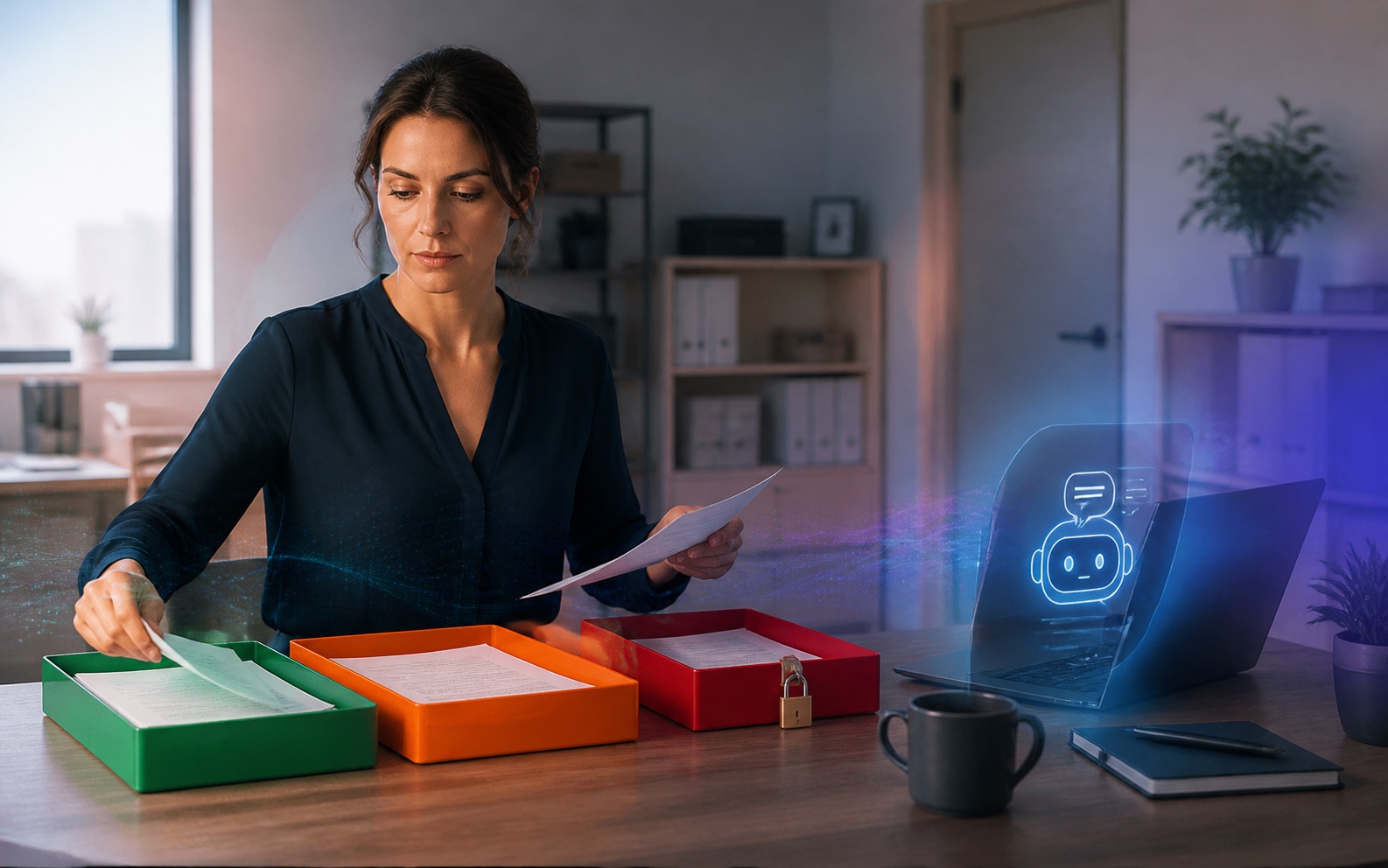 Documents classés en zones rouge orange et verte avant utilisation d’un chatbot IA