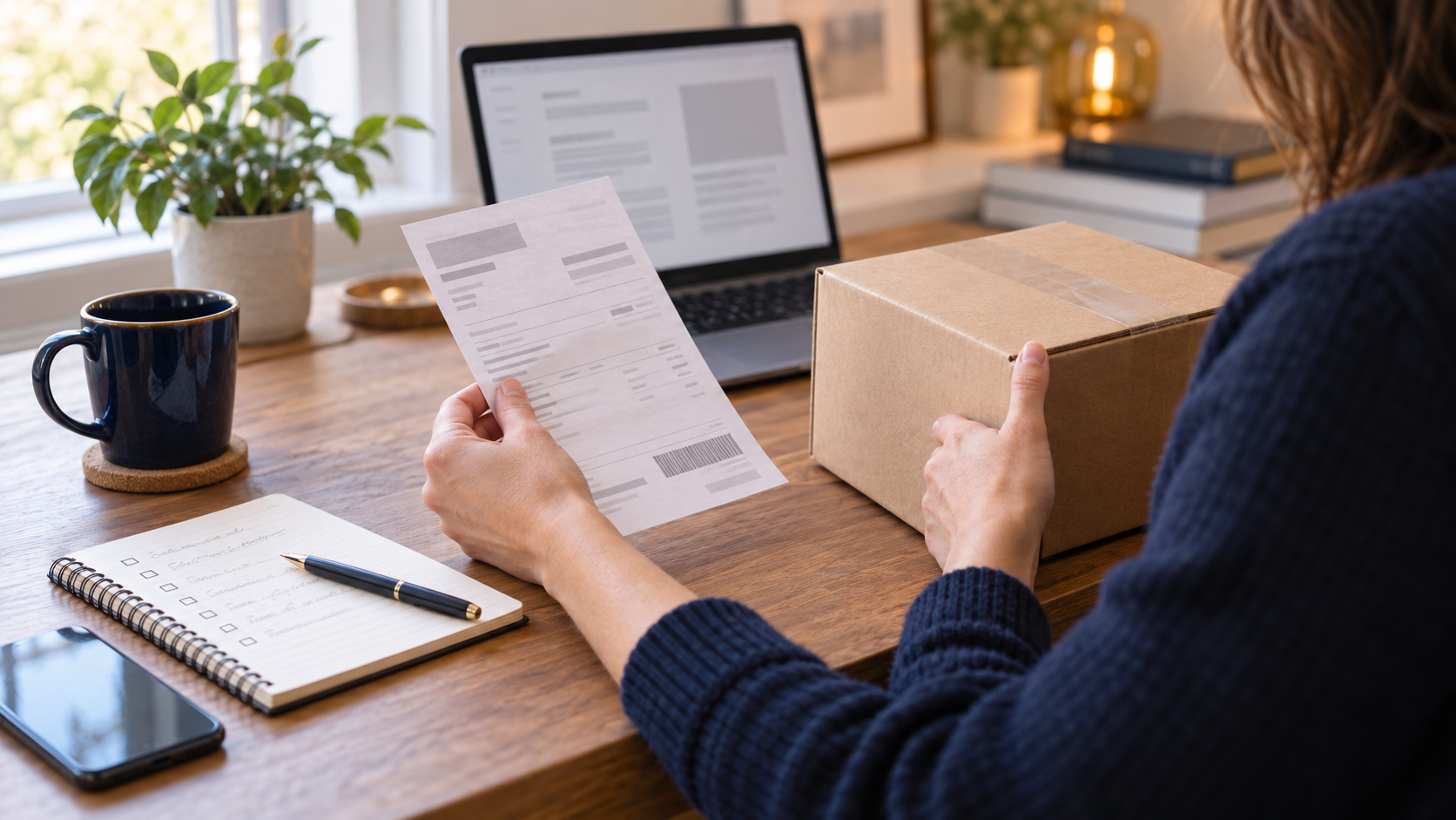 Une personne compare un reçu et un colis près d’un ordinateur, avec une checklist vierge pour préparer une réclamation factuelle