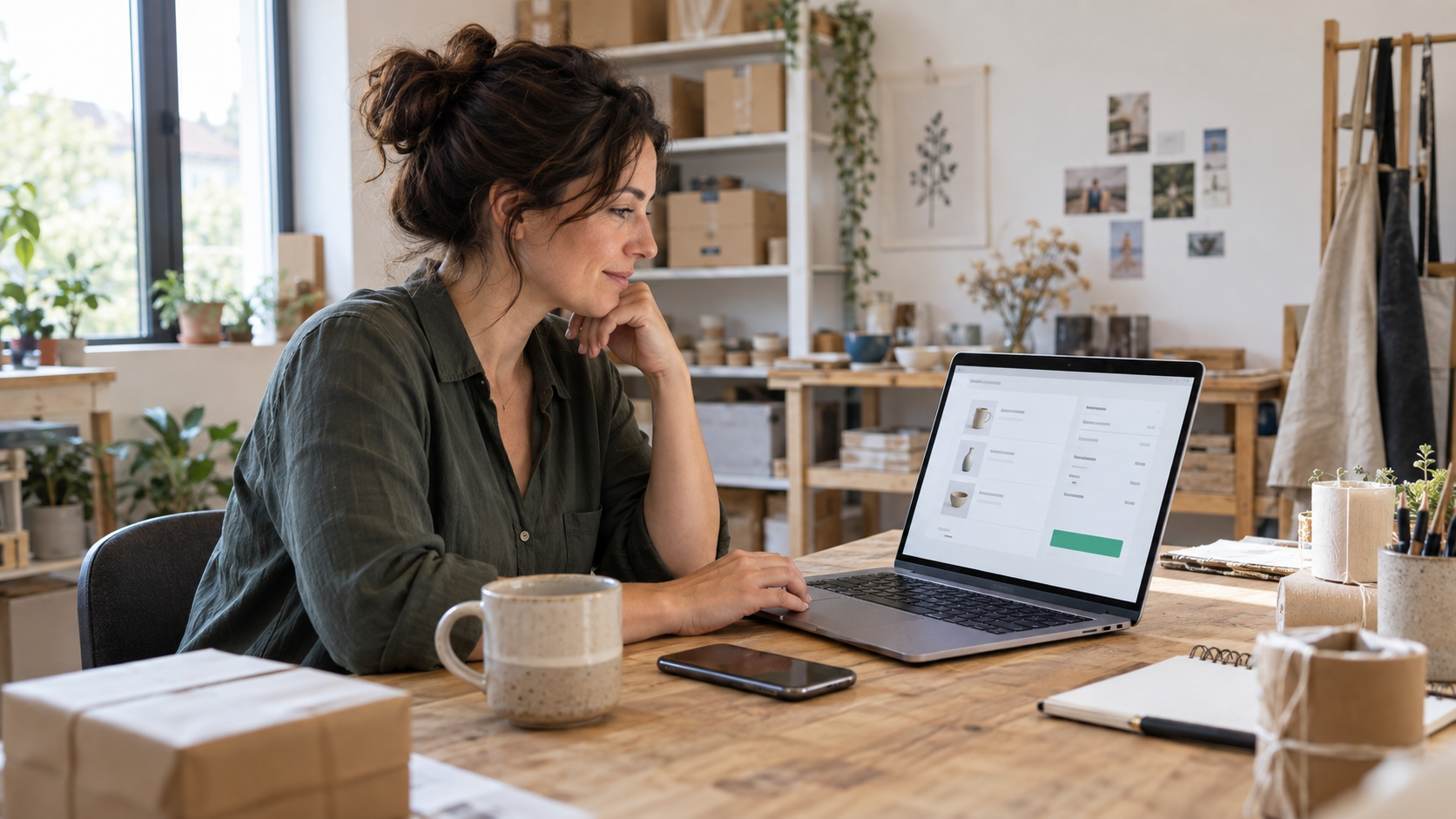 Une commerçante examine sur son ordinateur un panier en ligne avant de confirmer une commande
