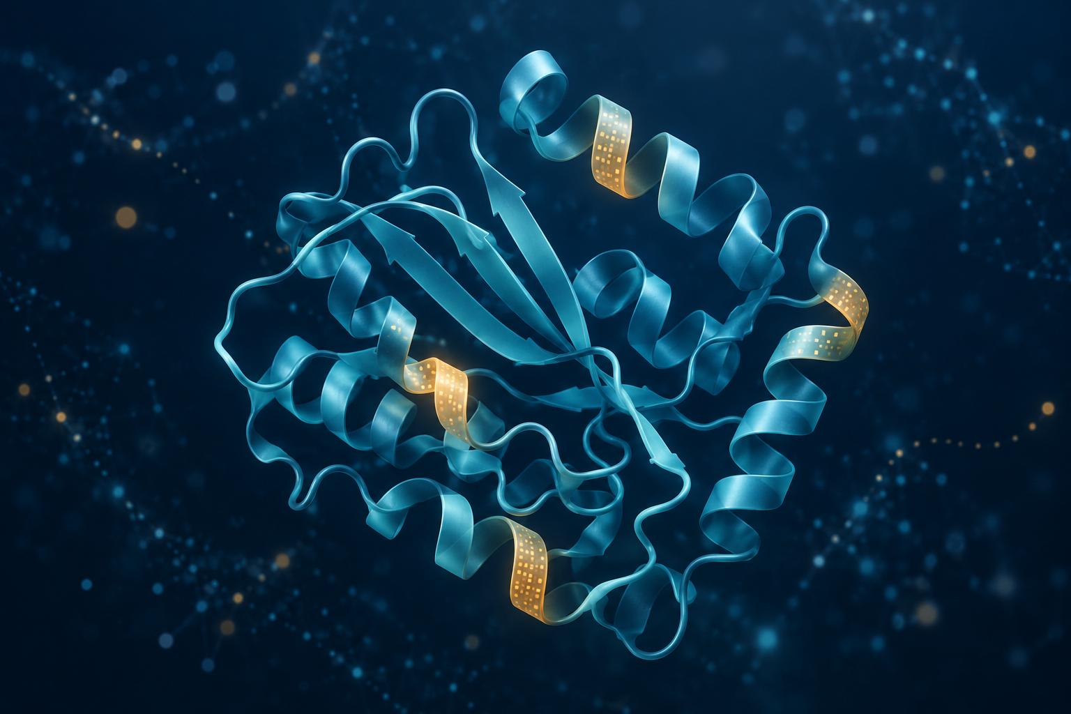 Visualisation éditoriale d’une protéine conçue par IA avec un motif discret évoquant un filigrane numérique intégré à sa structure